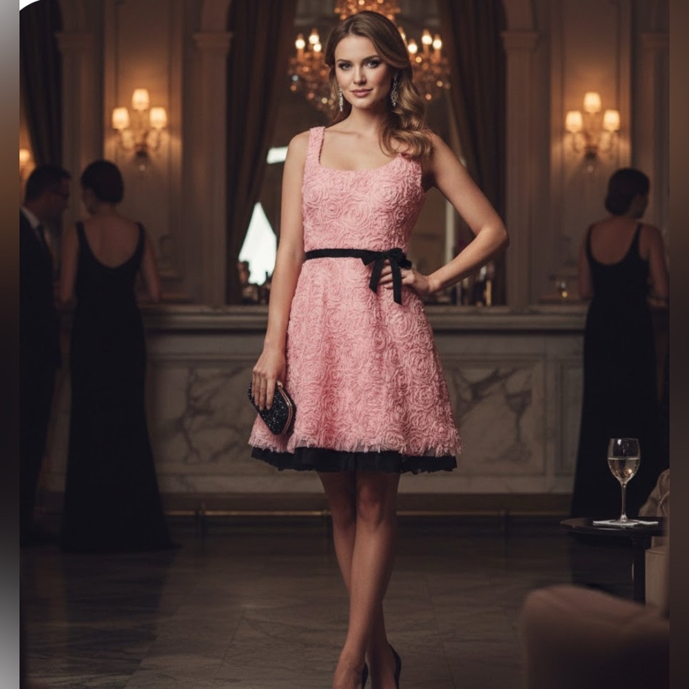 Elena Urrutia Pink Rosette 3D Floral Dress Handmade Designer Piece Size 6